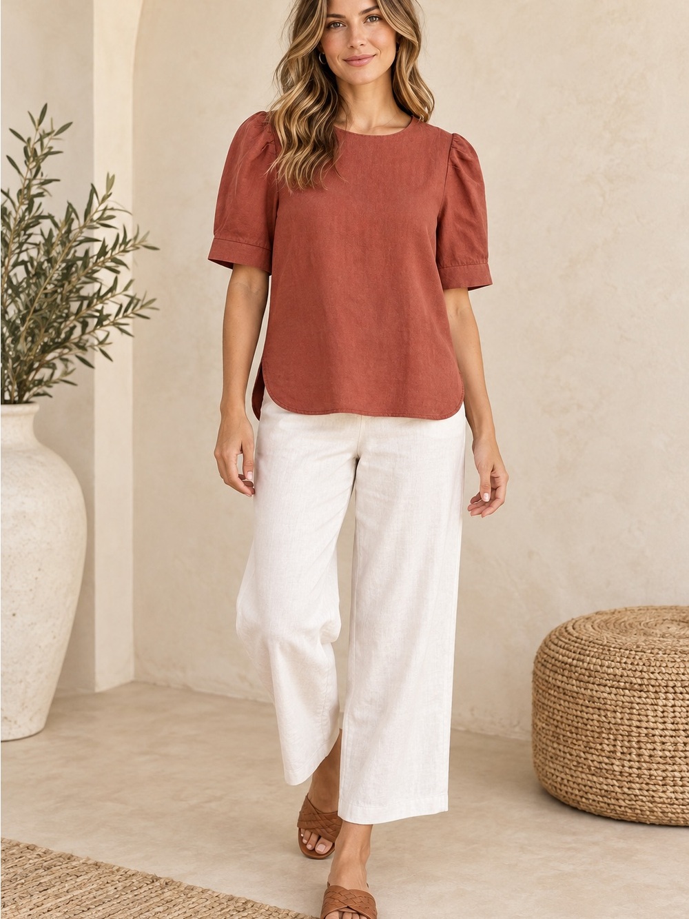 Neil 101 Made in Korea Rust Linen Cotton Puff Sleeve Blouse Women’s L